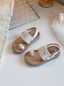 1 Pair Girls' Woven Pearl Thong Sandals, Soft Non-Slip Soles, Sweet Princess Style Children Sandals - Beige - View 1