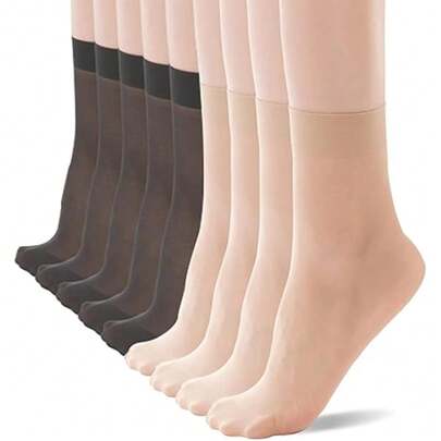 10 chiếc quần tất nữ màu đen và màu da, chất liệu nylon, dài đến mắt cá chân, trong suốt, mềm mại và ôm sát, có phần bảo vệ ngón chân, thích hợp cho đi lại hàng ngày và thể thao.