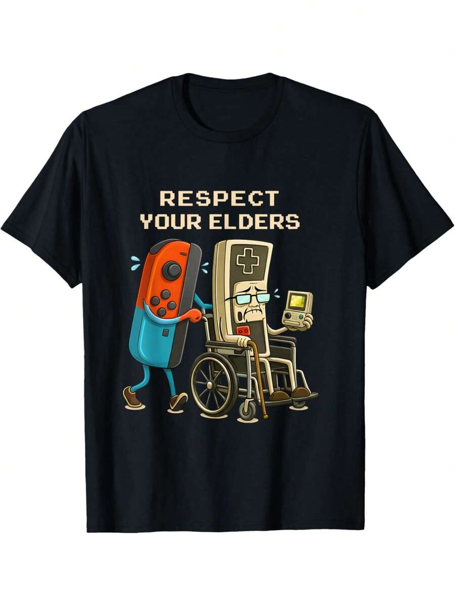 Camiseta Retro de Juego para Hombre 100% Algodón Suave y Transpirable - Respete a sus Ancianos y Gráfico de Controlador de Juego Camiseta Divertida para Uso Casual, - Cuello Redondo y Manga Corta