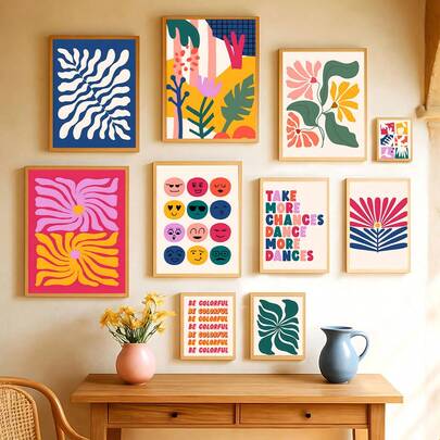 1/10pcs Printed Art Eclectic Gallery Wall Colorful Prints, Maximalist Wall Art, Abstract Art Prints Colorful Wall Art, Dorm Decor,Canvas Art Wall, Room Poster, Home Decoration, Room Decoration Project, Bedroom, Kitchen, Living Room, Corridor Decoration, Optional Frame