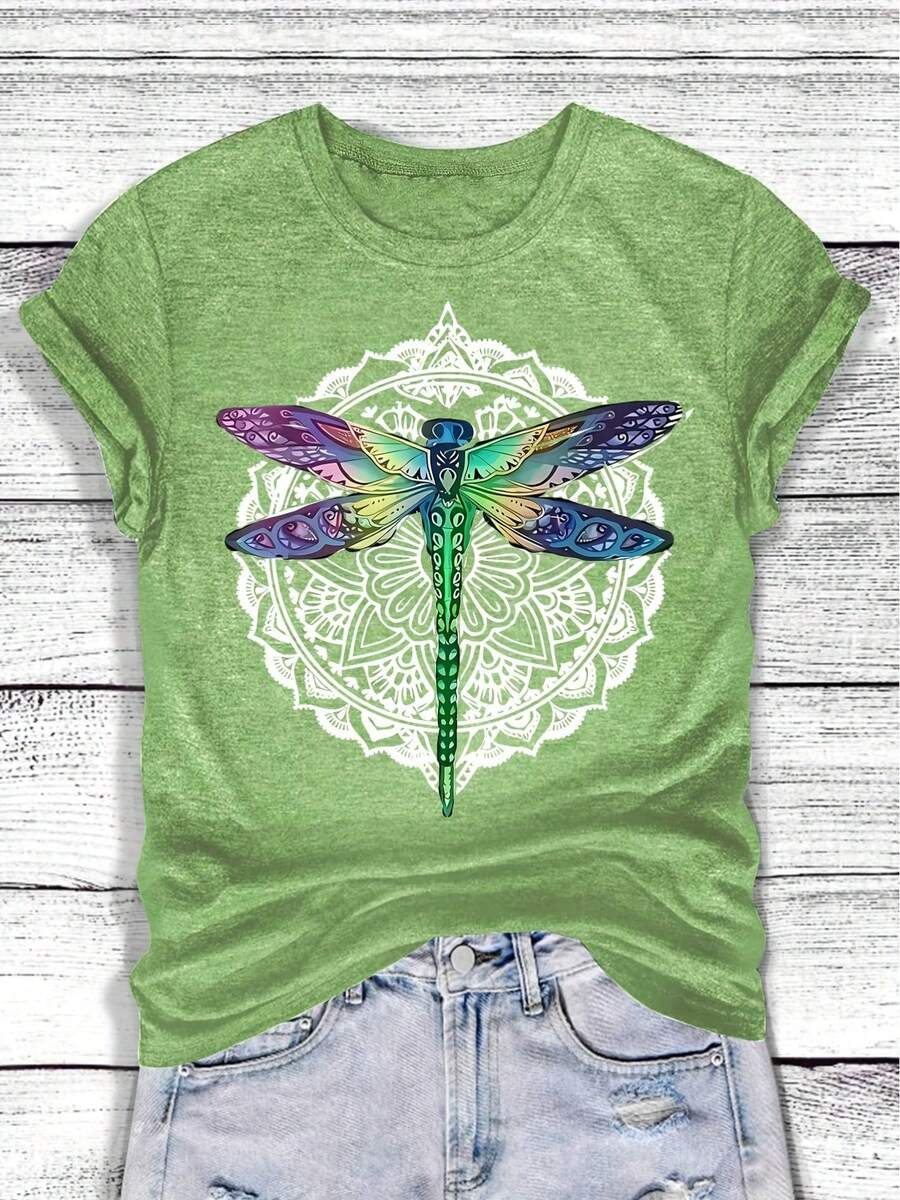 Women's Casual Short Sleeve T-Shirt, Colorful Dragonfly And Mandala Pattern Print, Loose Round Neck Design, Breathable Mid-Stretch Fabric, Machine Washable, All-Season Comfortable, Multiple Colors Available In Sizes S-XXL, Cute Top, Comfortable Clothing, Retro Style, Non-See-Through Material - cỏ xanh - Xem 1
