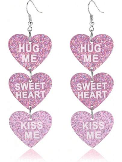 Hug Me, Sweetheart, Heart Pendant Earrings, Shiny Acrylic Heart Earrings, Jewelry Gift For Girlfriend, Wife, Mother On Valentine's Day