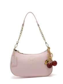 Minimalist Solid Crescent Handbag, Fashionable Baguette Tote Bag, Versatile Shoulder/Underarm Bag, Y2K Babe Bag With Bow Charm, Stylish Crossbody Bag - Watermelon Pink - View 9