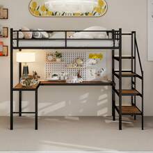 High Bed With L-Shaped Desk, Spacious Storage And Trellis, Sturdy Bed Frame With Stairs, Black, White. - Black - View 1