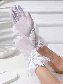 Bộ 2 món dành cho bé gái tuổi teen 12-16 tuổi, gồm khăn voan ren ngọc trai và găng tay nơ, thích hợp cho lễ rước lễ, đám cưới, trang phục Halloween. - Khăn che mặt + găng tay - Xem 9
