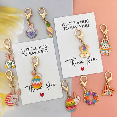 10pcs Easter Gift Cute Rabbit Alloy Keychain Set, Keyring Packs With Pocket Hug Thank You Card (Includes Keychain) - Lobster Clasp, Durable Zinc Alloy | Ideal For Students/Workers/Friends | Suitable For Birthday/Exam/Graduation/Daily Encouragement/Holiday Blessings/Long-Distance Care | - Thoughtful Gift For Women, Teachers, Moms, Best Friends