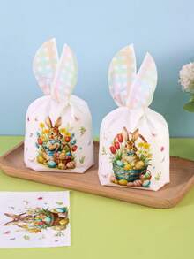 50个/包 春季复活节塑料礼品袋，兔耳朵设计，兔子和花卉图案礼品包装袋，彩色格子派对礼品袋，复活节家居装饰，节日春夏假日礼物包装用品，珠宝收纳袋 - 彩色 - 查看 9