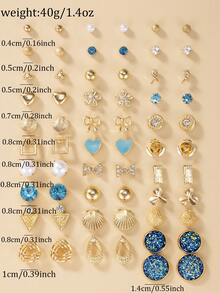 30 pares de elegantes pendientes de botón minimalistas con flores, corazones y lazos de metal y perlas falsas, regalo para mujeres - Multicolor - Ver 6