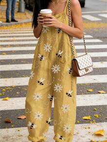 Womenacute;S Spaghetti Strap Jumpsuit Stylish Retro Print Suspender Pants Sleeveless Summer Overalls - Màu vàng - Xem 1