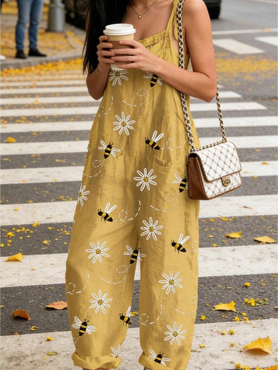 Womenacute;S Spaghetti Strap Jumpsuit Stylish Retro Print Suspender Pants Sleeveless Summer Overalls - Màu vàng - Xem 1