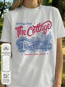 大码女式日常激烈比赛小屋图案圆领短袖休闲夏季女式上衣，安静小屋图案女式白色T恤 - 白色 - 查看 1