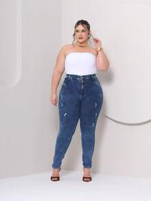 Casa De Jeans - Women's Plus Size Skinny Jeans With High Waist And Lycra Elastane - Giặt vừa - Xem 6