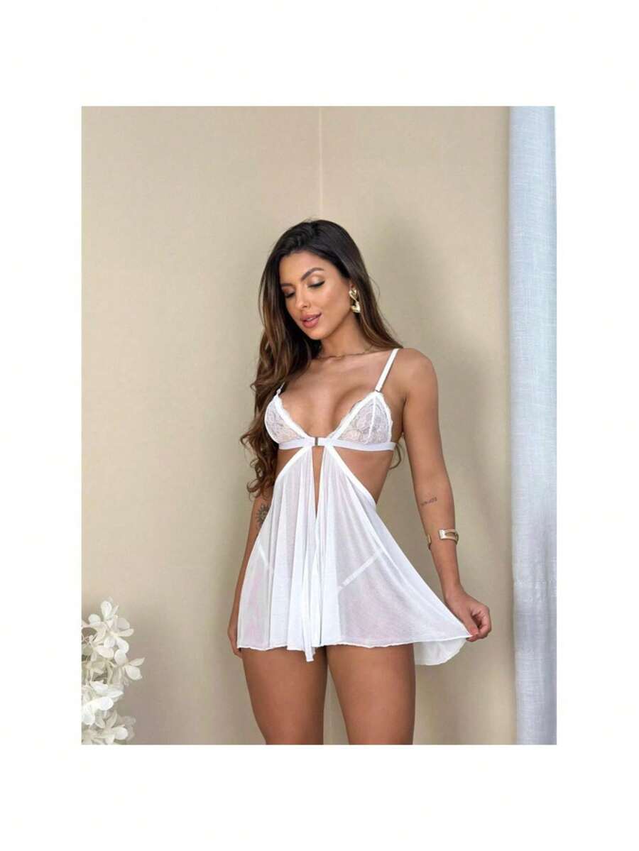 Sexy Red Nightgown In Lace And Tulle - Sensual Lingerie For Women - trắng - Xem 1