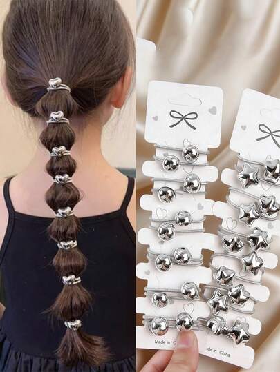 10个银色波点星星图案可爱迷你高弹力发圈，适合日常佩戴