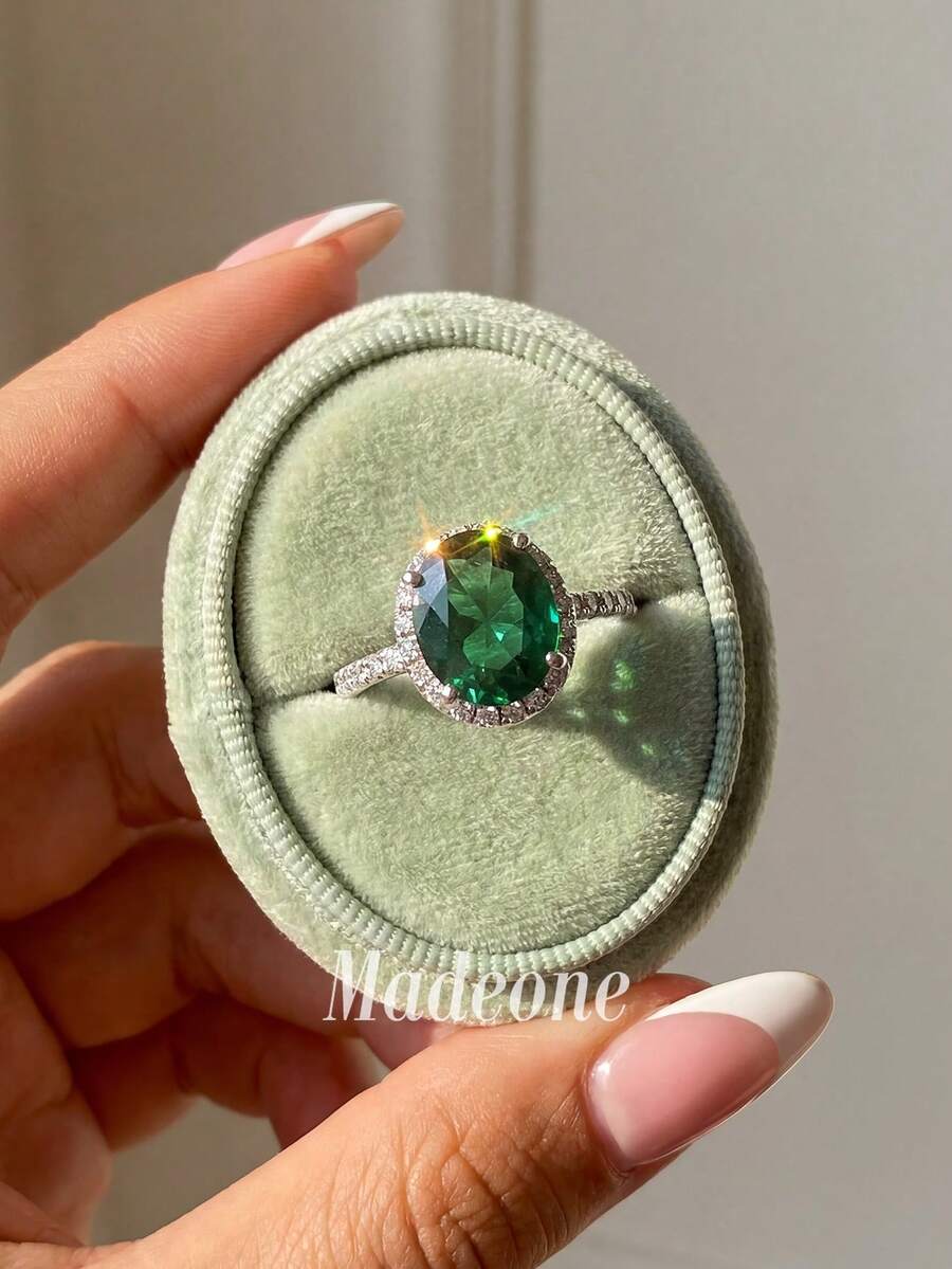 Stylever 1pc 925 Sterling Silver 8*10mm Micro-Pave Shiny Ring, Women's Fashion Wedding Anniversary Gift, Exquisite Jewelry, Everyday Decoration - Green Stone - View 1