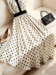 1pc Polka Dot Elegant Woven Fabric Sleeveless Dress, Graceful Casual Everyday Wear Vacation Summer - Apricot - View 3