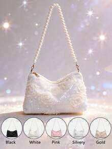 1pc Women's New Fashion Sequin Elegant Shoulder Bag, Pearl Decor Shoulder Bag, Lace Flower Evening Bag, Chain Bag, Coin Purse, Wallet, Suitable For Daily, Party, Travel, Ideal Gift - Multicolor - View 1