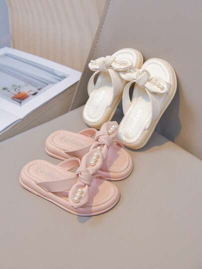 1 Pair Summer New Solid Color Pearl Decor Girls Soft Bottom Lightweight Flexible PU Comfortable Breathable Indoor/Outdoor Casual Flat Sandals