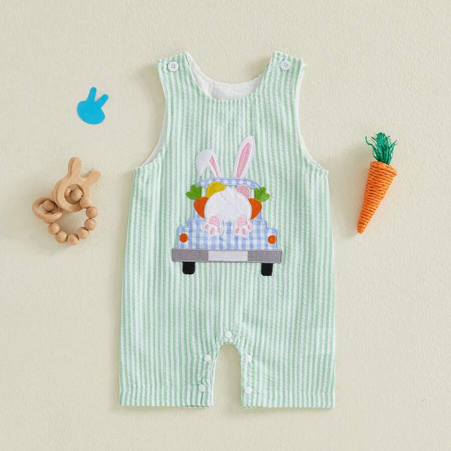 Ropa de bebé y niños pequeños - Petos, mamelucos, ropa de Pascua con bordado de conejo y zanahoria, mamelucos sin mangas - Azul menta - Ver 1