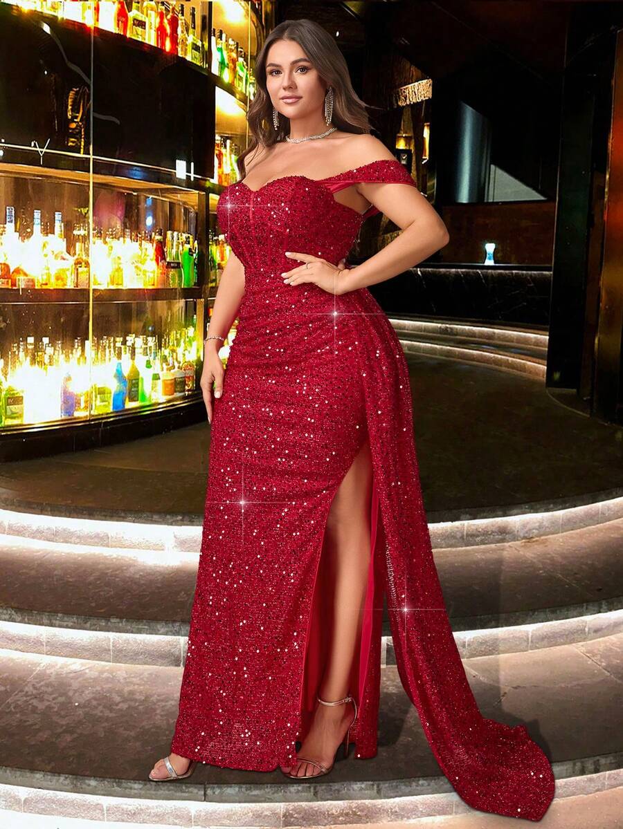 CHOSMO 大码女式纯色亮片优雅重工装饰露背高开衩连衣裙，适合约会、婚礼、派对、周年纪念、节日、鸡尾酒会、正式晚宴、婚礼宾客、毕业典礼、盛大晚宴、返校节、春季派对等场合。