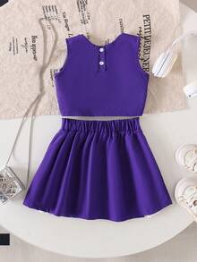 2件套女童休闲时尚校园风背心+裙子套装，夏季啦啦队服 - 紫色 - 查看 2