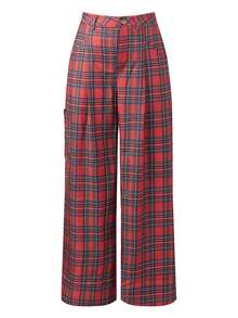 Womens Fall Plaid Pants Casual Loose Fit Stylish Mid Rise Wide Leg Trousers For Daily Life - Red - View 1