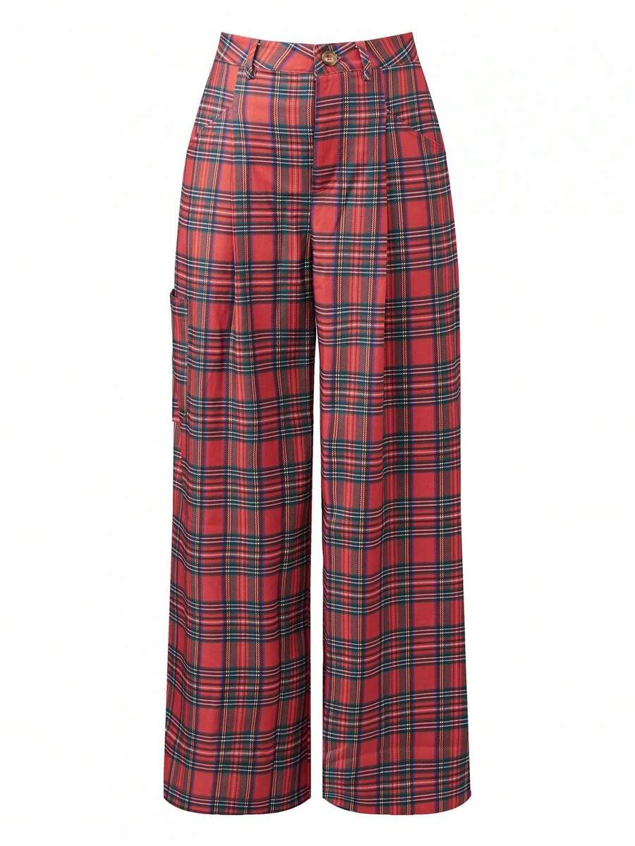 Womens Fall Plaid Pants Casual Loose Fit Stylish Mid Rise Wide Leg Trousers For Daily Life - Red - View 1