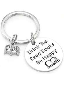 1pc Unisex Inspirational "Reading" Stainless Steel Keychain, Suitable Gift For Book Lovers, Friends And Family - Silver - View 1