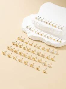 30 Pairs Women Metal Tree, Shell, Pearl, Heart Shaped Earrings Set, Gift - Yellow Gold - View 2