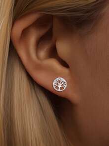 1 Pair S925 Sterling Silver Life Tree Round Stud Earrings, Fashionable & Fresh Elegant, Suitable For Daily Wear, Versatile & Exquisite Earrings Gift - Tree - View 4