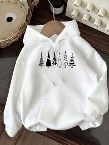 Women's Red Christmas Tree Star Hooded Sweatshirt - Pocketed Warm Winter Pullover, Long Sleeve Holiday Sweater, Autumn Winter Casual Christmas Outfit (Machine Washable) Printed Sweatshirt - White - View 11