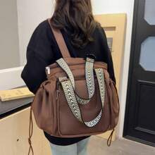 1pc Fashionable Multi-Functional Portable Mummy Bag. Car Baby Carrier Bag. Stylish Ladies Work Bag. Retro Handbag. Drawstring Bag. Shoulder Bag. Large Capacity Supermarket Shopping Tote. Student Backpack Handbag. Basic Solid Color Backpack. Lightweight Portable Canvas Bag With Handle. Business Weekend Travel Bag. - Coffee Brown - View 7