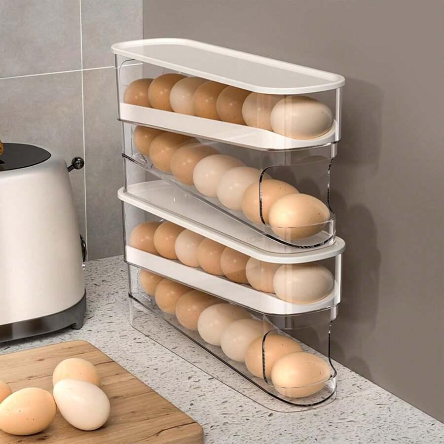 Automatic Double-Layer Egg Holder, Keeps Eggs Fresh, Sliding Container Holds 12-14 Eggs - Hinged Design, Plastic Material, No Food Contact - Refrigerator Organizer, Kitchen Egg Tray - trắng - Xem 1
