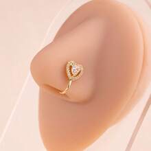 1pc/3pcs Minimalist Elegant Cubic Zirconia Embedded Heart & Flower Nose Stud, Fashionable Luxury Versatile Piercing Jewelry For Women - Gold - View 2