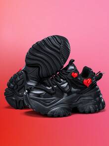 7厘米增高女式时尚休闲厚底运动鞋，配有可拆卸3D爱心装饰，户外运动EVA厚底系带鞋，轻便柔软减震防滑夏季透气网面凉鞋，圆头休闲日常鞋，适合大学生、青少年、上班族、约会等场合穿着。 - 黑色 - 查看 9