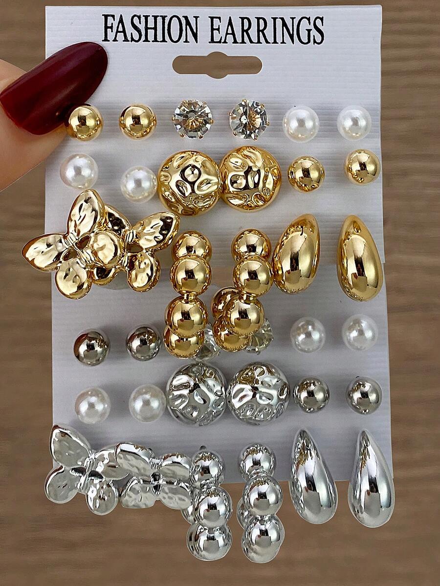 VKME 18件套金属材质蝴蝶结不对称卡片耳环 - XH92825187-88 - 查看 1