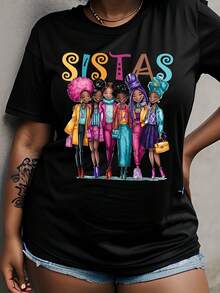 Sister Letter Print T-Shirt Casual Round Neck Short Sleeve T-Shirt Women Clothing Summer Short Sleeved Top - 黑色4 - 查看 1