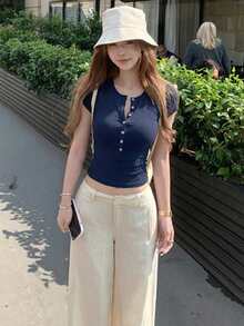 性感休闲亨利领短袖上衣，修身弹力面料，露脐款式，夏季 - 藏蓝色 - 查看 4