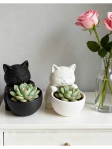 Cute Cat Hug Planter, Creative Design With Drainage Hole, Suitable For Indoor Succulent, Small Flower, Cactus Planting, Home Garden Balcony Outdoor Decor - Kitten - View 3