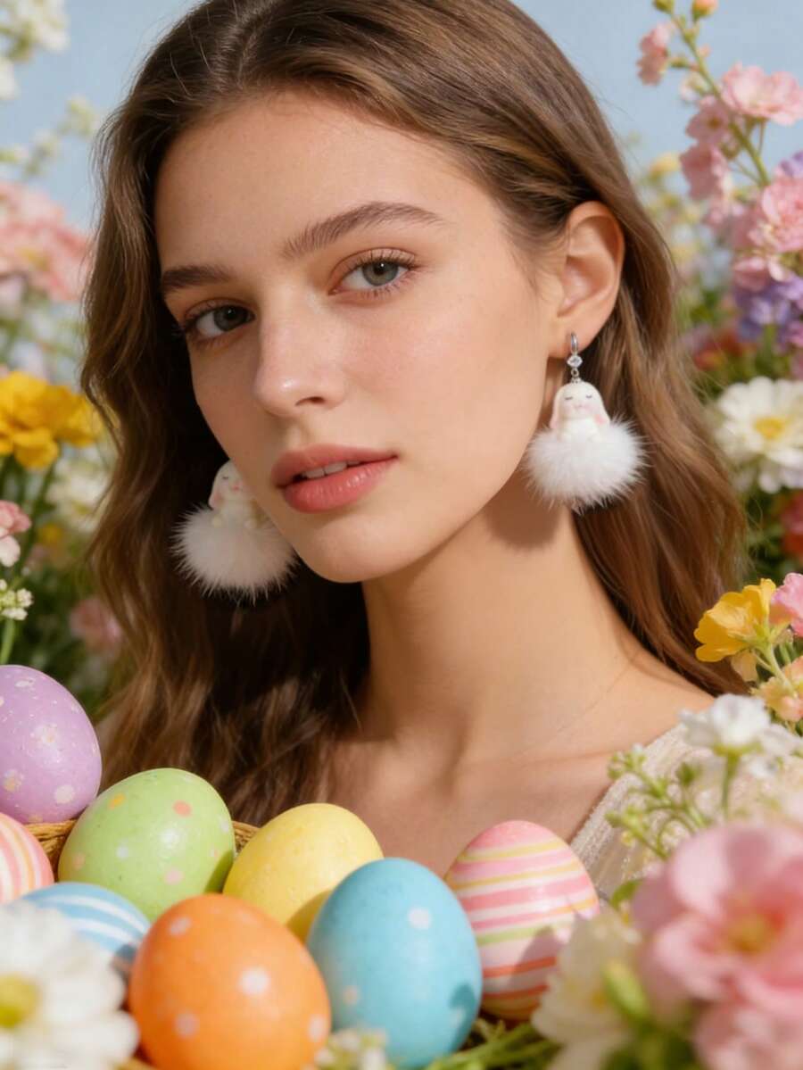 2Pairs Cute Easter Bunny Plush Ball Dangle Earrings For Women, Furry Rabbit Carrot & Sleeping Bunny Drop Earrings, Handmade Kawaii Daily Party Vacation Gift - Multicolor - View 1