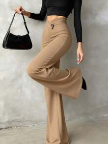 Women's Casual Elegant Straight Leg Pants, Essential Back-To-School Item, Asymmetric V-Waistline Accentuates Curves, Suitable For Daily Wear, Office, Dates, Vacation And More - 卡其色 - 查看 3