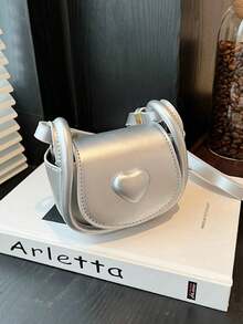 Mini Fashionable Crossbody Bag, Minimalist Heart Shaped Saddle Bag - Silver - View 6