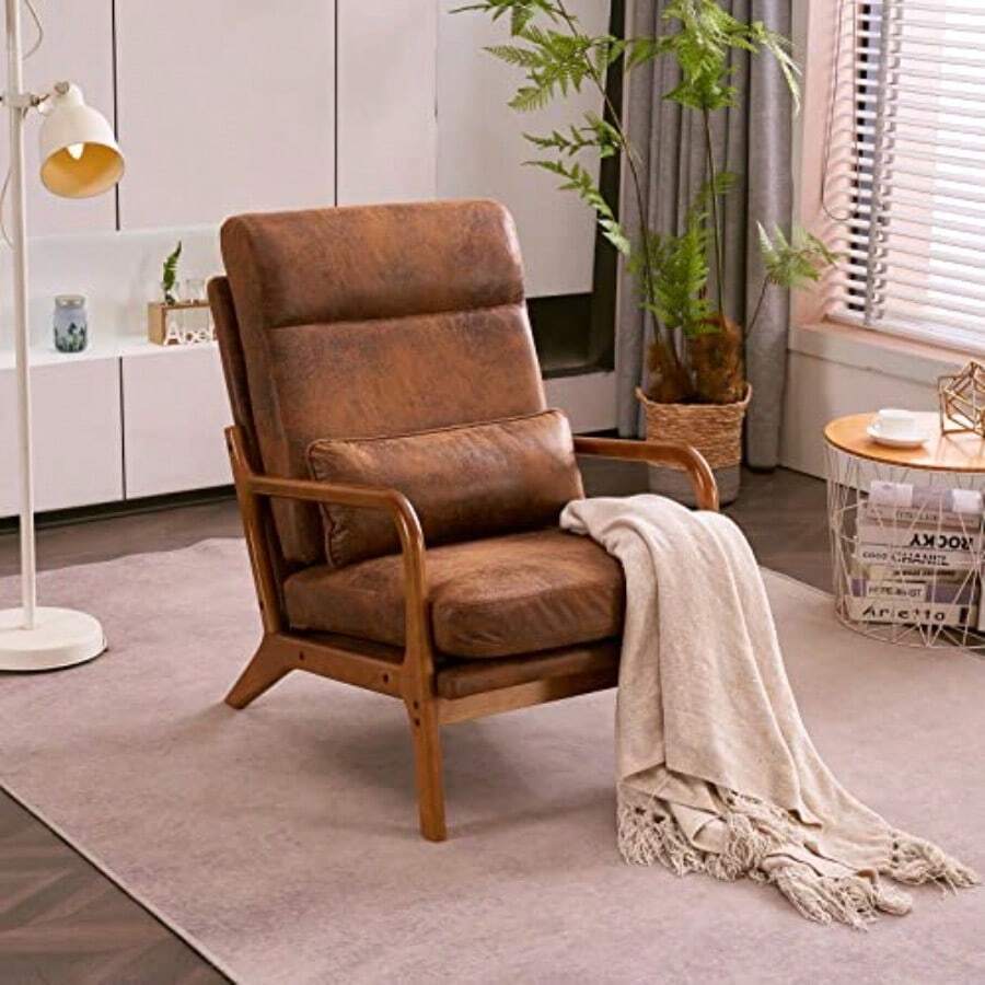 sillones para recamaraKarl Home Accent - Silla moderna de mediados de sio con almohada de tela bronceadora tapizada con marco de madera maciza y cojín suave para sala de estar recámara balcón café - Marrn - Ver 1