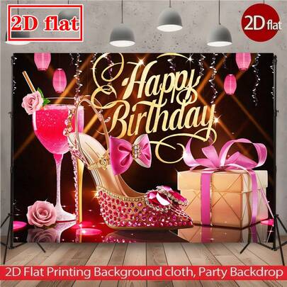 2D Toile de fond d'anniversaire plate, 1 pièce, avec lettrage "Happy Birthday", verres à vin, talons hauts ornés de diamants et motifs de lanternes. Idéal pour les célébrations d'anniversaire, les décorations de fête, les événements intérieurs/extérieurs, les accents muraux et la décoration d'intérieur.