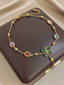 1Pc Luxury Delicate Colored Zirconia Clover Butterfly Anklet For Women, 18K Gold Plated Stainless Steel With, Elegant Mom Gift, For Valentines, Party, Gala, Daily, Dating, Mother's Day, New Years, Wedding, Beach, Christmas Anniversary, Boho Jewelry Birthday Bridesmaid Gift - Multicolor - View 8