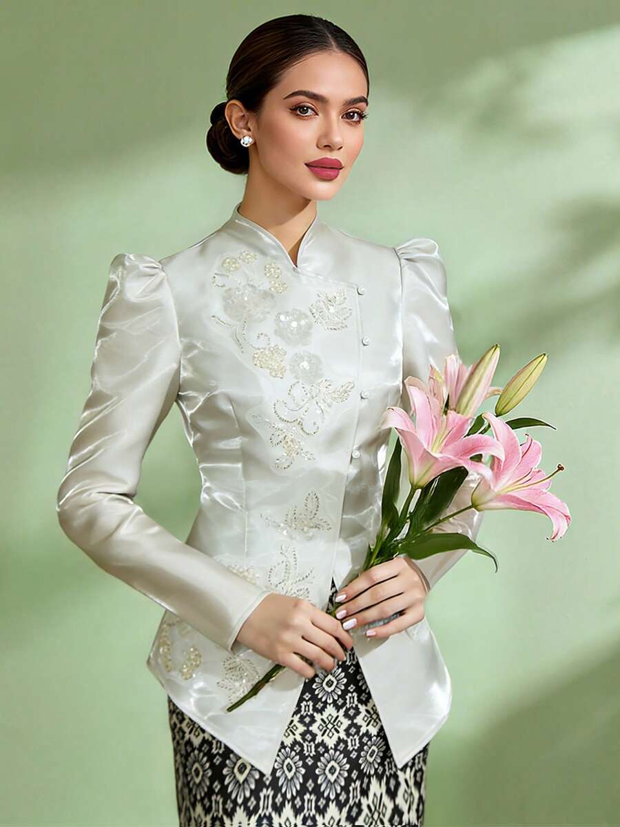 1 pieza Elegante blusa de manga larga con aplicaciones y botones para mujer, primavera/verano - Gris Claro - Ver 1