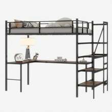 High Bed With L-Shaped Desk, Spacious Storage And Trellis, Sturdy Bed Frame With Stairs, Black, White. - Black - View 4