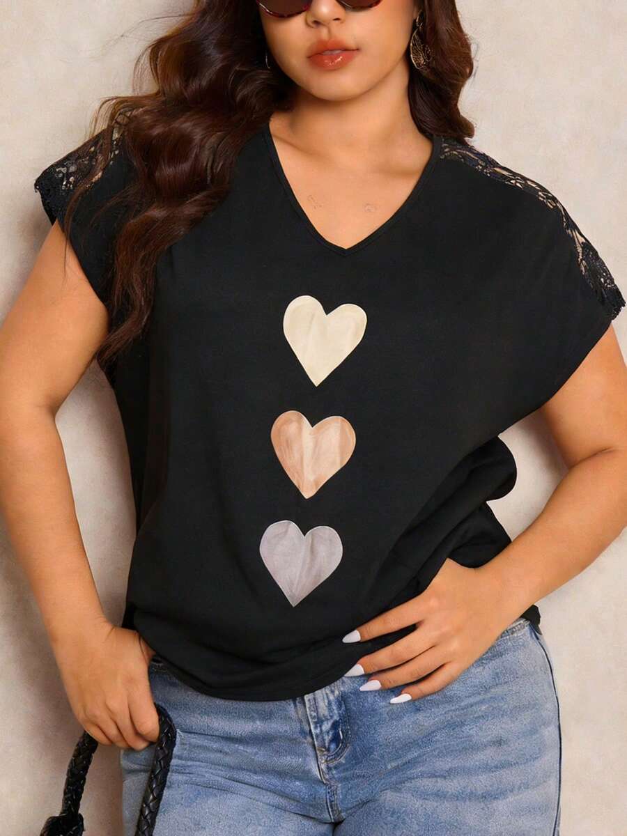 Plus Size Women V-Neck T-Shirt, Spring/Summer Heart Graphic Lace Sleeve Top - Black - View 1