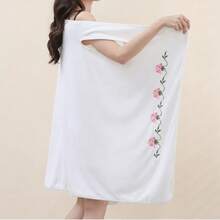 Sauna Beach Pool Bath Robe - Women Solid Color Embroidered 1pc Robe Soft Absorbent Coral Fleece - 白色 - 查看 4