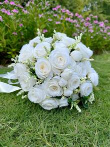 Bridal Wedding Bouquet With Heart-Shaped Diamond Ribbon Decor, Artificial Rose Flowers, Suitable For Destination Wedding Ceremony, Anniversary, Valentine's Day Decoration - Multicolor - View 6